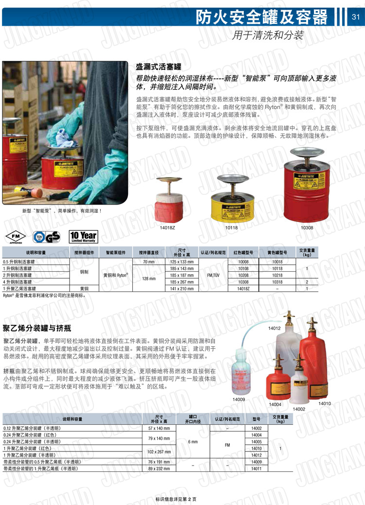 美國(guó)杰斯瑞特，JUSTRITE，活塞安全罐，盛漏式活塞罐，化學(xué)品分裝罐，